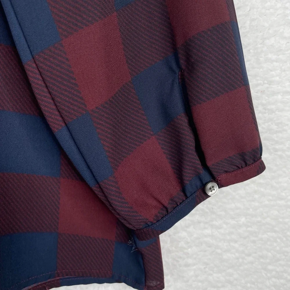 Ann Taylor Factory Burgundy Navy Buffalo Plaid Ruffle Pintuck Blouse XL Womens